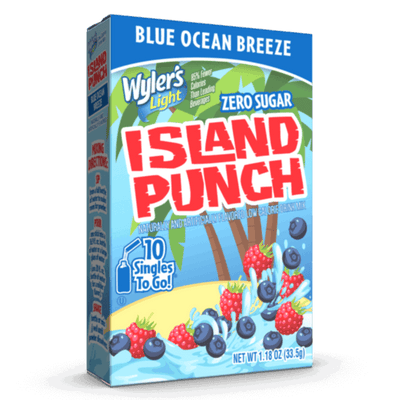 Box of Wylers Light Island Punch, Blue Ocean Breeze flavor, Zero Sugar, Low Calorie Drink Mix, 10 Singles to Go Packets, Naturally and Artificially Flavored, blueberry and raspberry drinks