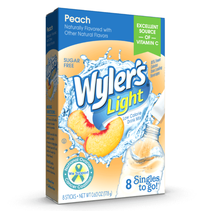 Wylers Light Peach Singles to Go Water Drink Mix 8CT, Wylers Light Peach Drink Mix, Peach Drink Mix, Sugar free Peach drink Mix