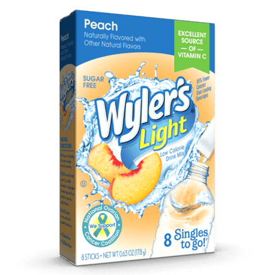 Wylers Light Peach Singles to Go Water Drink Mix 8CT, Wylers Light Peach Drink Mix, Peach Drink Mix, Sugar free Peach drink Mix
