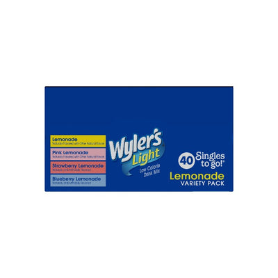Wylers Light Variety Pack top of Box, Wylers Light lemonade variety pack with lemonade pink lemonade strawberry lemonade & blueberry, Strawberry lemonade powdered drink mix, blueberry lemonade powdered drink mix