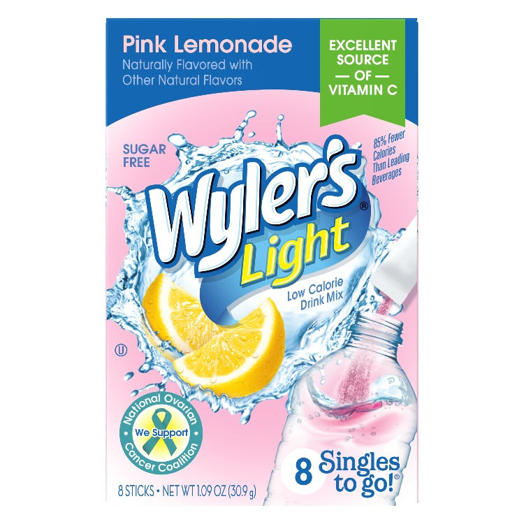 powdered drink mix with pink lemonade, drink mix with pink lemonade, pink lemonade singles to go, wylers light pink lemonade STG, sugar free pink lemonade flavored water