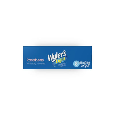 Wylers Light Raspberry Singles to Go Drink Mix Top of Box,  Raspberry Singles to Go Sugar free drink mix, raspberry water flavoring, raspberry powdered drink mix flavor packets, raspberry flavored drink packets