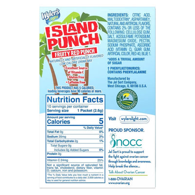 Wylers Light Fruity Red Punch Singles to Go Drink Mix Nutritional Information, Wylers Light Fruity Red punch Island Punch  nutritional facts, low sugar red punch, punch water flavor, fruit punch for water bottles