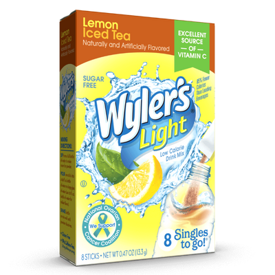 Lemon Iced Tea box, Wylers Light brand, Sugar Free, Low Calorie Drink Mix, Excellent Source of Vitamin C, 8 Singles to Go!, Naturally and Artificially Flavored, splashing water design, lemon slice image, supporting National Ovarian Cancer Coalition