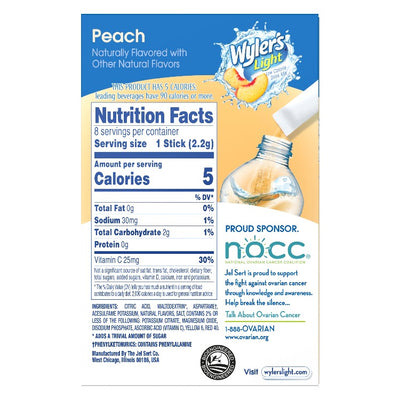 Wylers Light Peach Singles to Go Drink Mix nutritional facts, Wylers Light Peach Singles to Go Drink Mix nutritional information, low calorie peach drink, sugar free peach, low sugar peach drink mixes