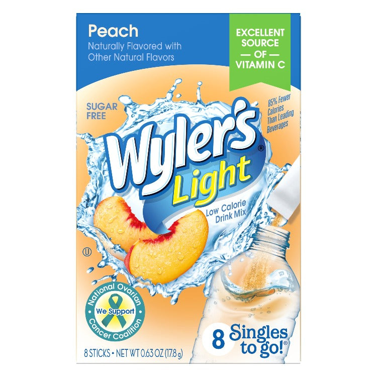 Wylers Peach, Peach Singles to Go, Wylers Light Peach drink mix, peach powdered drink mix, peach flavored water mix, Wylers singles to go peach, peach singles to go 