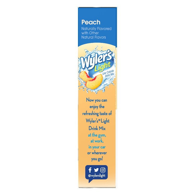 Enjoy the refreshing taste of Wylers Light Peach drink mix, peach flavored powdered drink mix, order peach drink mix, buy peach drink mix, peach drink mix near me