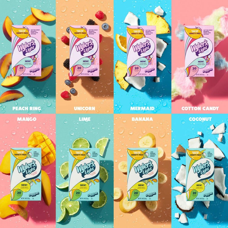 New TikTok Inspired Powdered Drink Mix Flavors Featuring, Peach Ring Drink, Unicorn Drink, Mermaid Drink, Cotton Candy Drink, Mango Drink, Lime Drink, Banana Drink, Coconut Drink