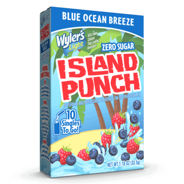 Box of Wylers Light Island Punch, Blue Ocean Breeze flavor, Zero Sugar, Low Calorie Drink Mix, 10 Singles to Go Packets, Naturally and Artificially Flavored, blueberry and raspberry drinks