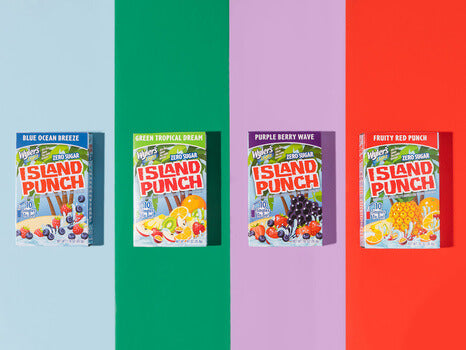 Wyler’s Light Island Punch boxes in four different flavors presented against a split background of corresponding colors: Blue Ocean Breeze, Green Tropical Dream, Purple Berry Wave, and Fruity Red Punch, illustrating a vibrant and flavorful variety
