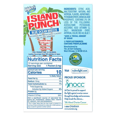 Island Punch Blue Ocean Breeze Back of box, Island Punch Blue Ocean Breeze Singles to Go Nutritional facts, Island Punch Blue Ocean Breeze  nutritional information,  Blue Ocean Breeze Nutritional information
