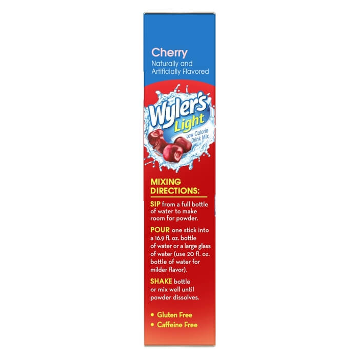 Wylers Light Cherry Drink Mixing Instructions, Cherry powdered drink mix, Cherry flavored drink mix, Sugar free cherry drink mix, Sugar free cherry punch