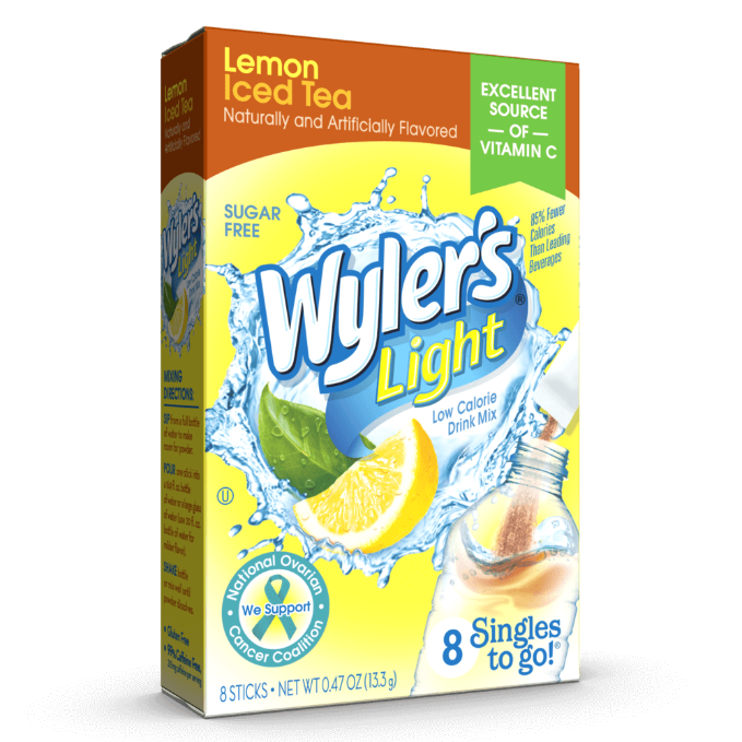 Lemon Iced Tea box, Wyler's Light brand, Sugar Free, Low Calorie Drink Mix, Excellent Source of Vitamin C, 8 Singles to Go!, Naturally and Artificially Flavored, splashing water design, lemon slice image, supporting National Ovarian Cancer Coalition